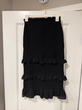 Abercrombie & Fitch Black Smocked Midi Skirt with Ruffle Tiers